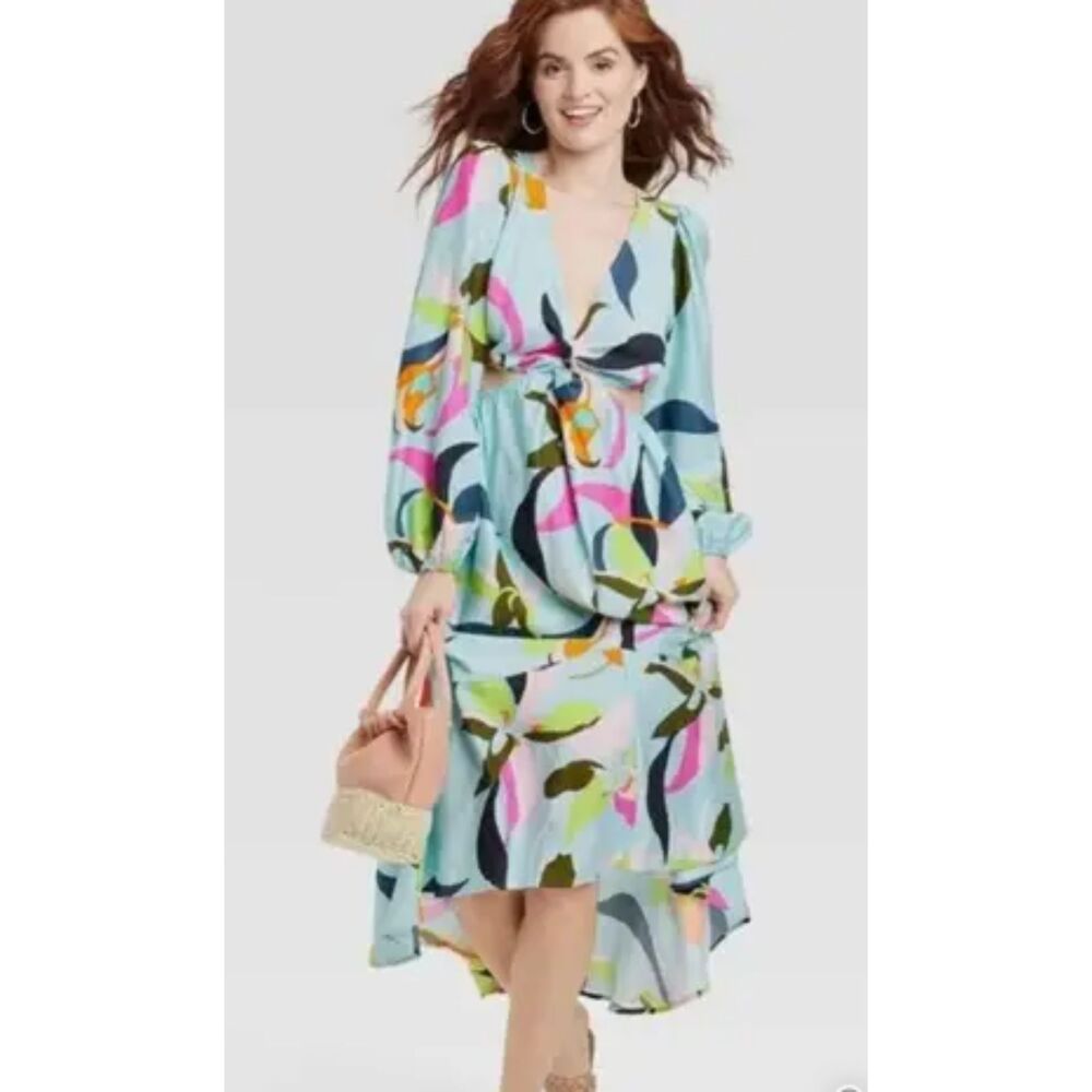 A New Day Long Sleeve Twist Cut Out Dress - XS A New Day Blue Floral Beachy Maxi